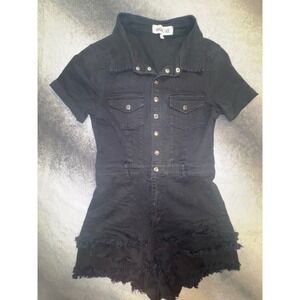 (B3) Amazing Lace Black Denim Romper Frayed Raw Hem Button Front Utility Size L